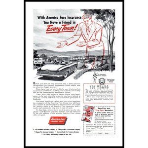1953 America Fore Insurance Group Vintage Print Ad Centennial Convertible Art